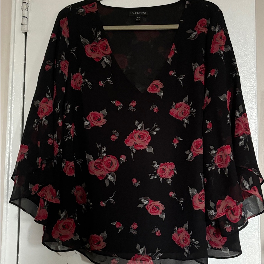 Black Floral Blouse with Red Roses